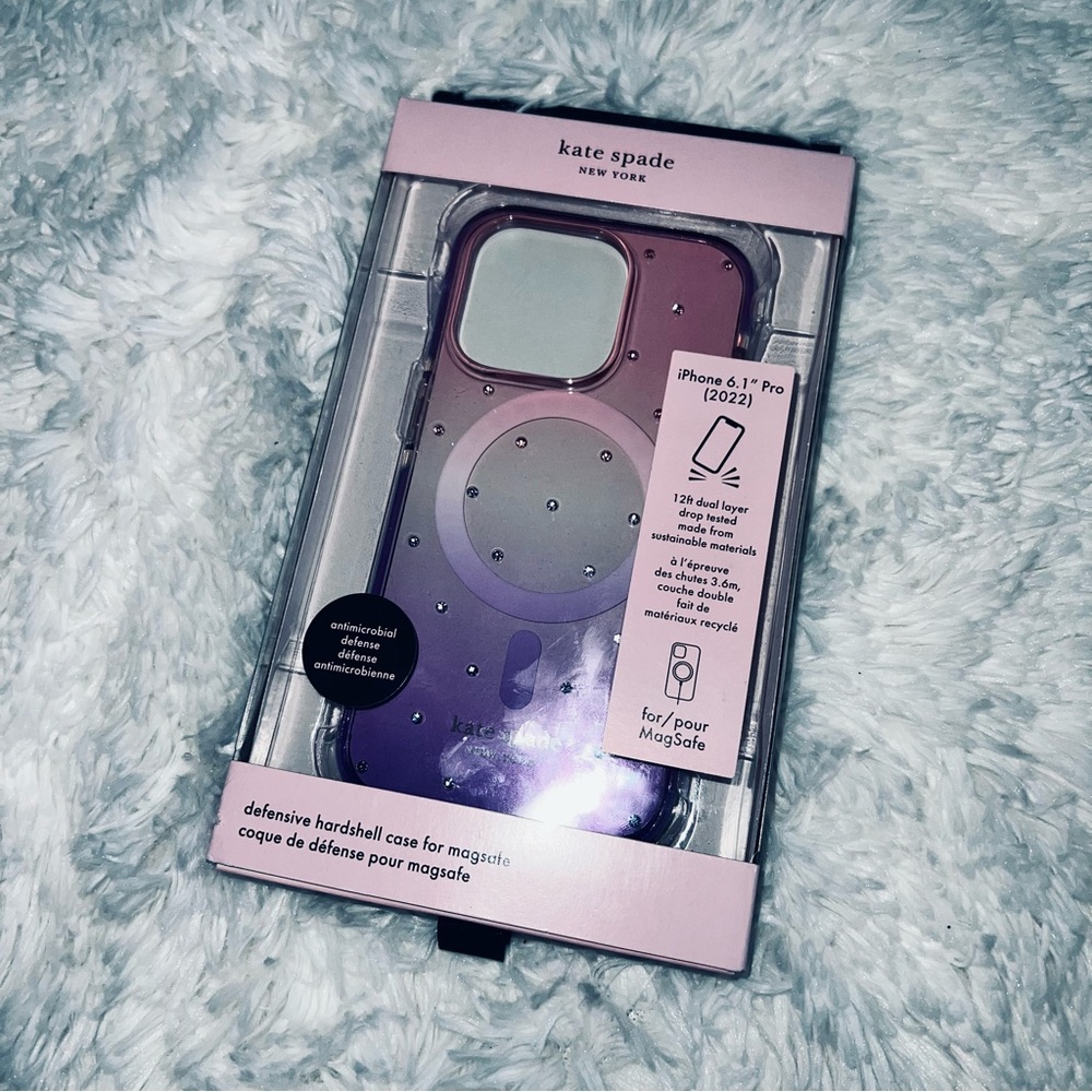 NWT Kate Spade iPhone 6.1’’ 13 pro translucent pink and purple with rhinestones